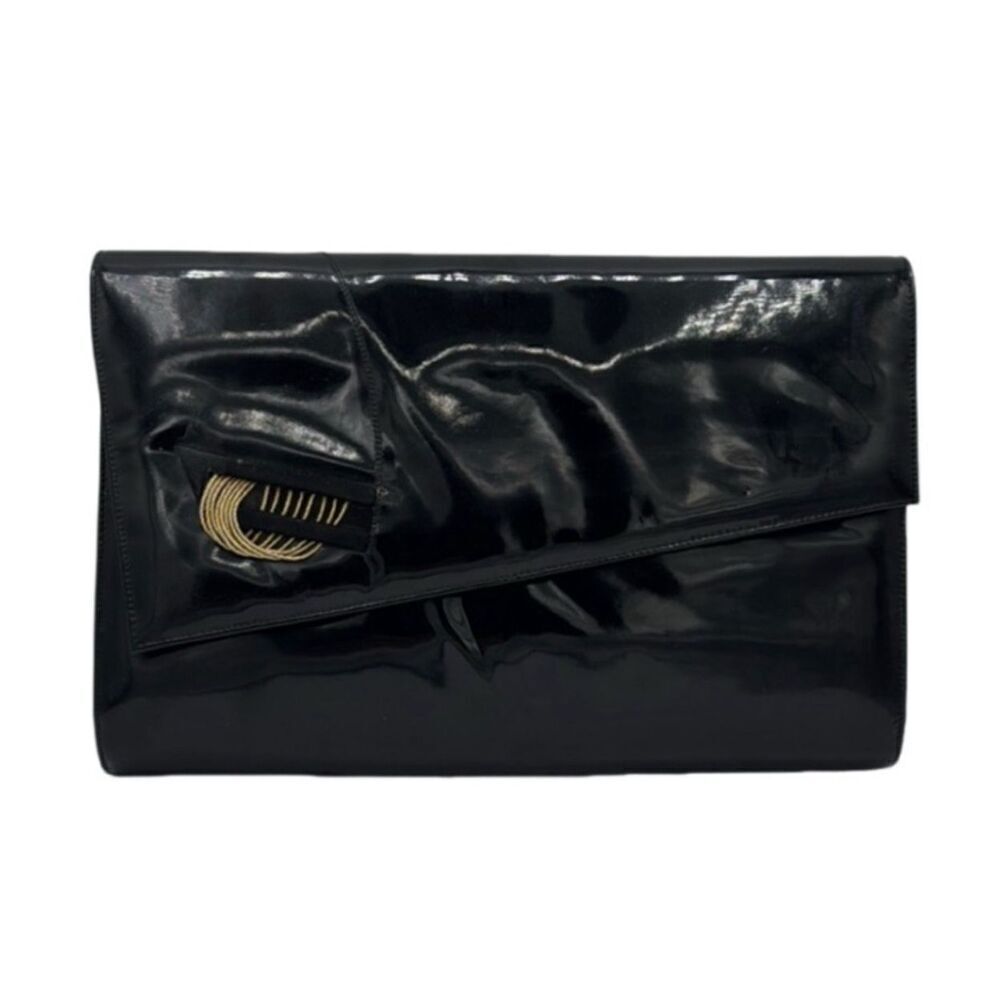 Bally Patent Leather Envelope Clutch Black Gold Accent Event Evening Cocktail
